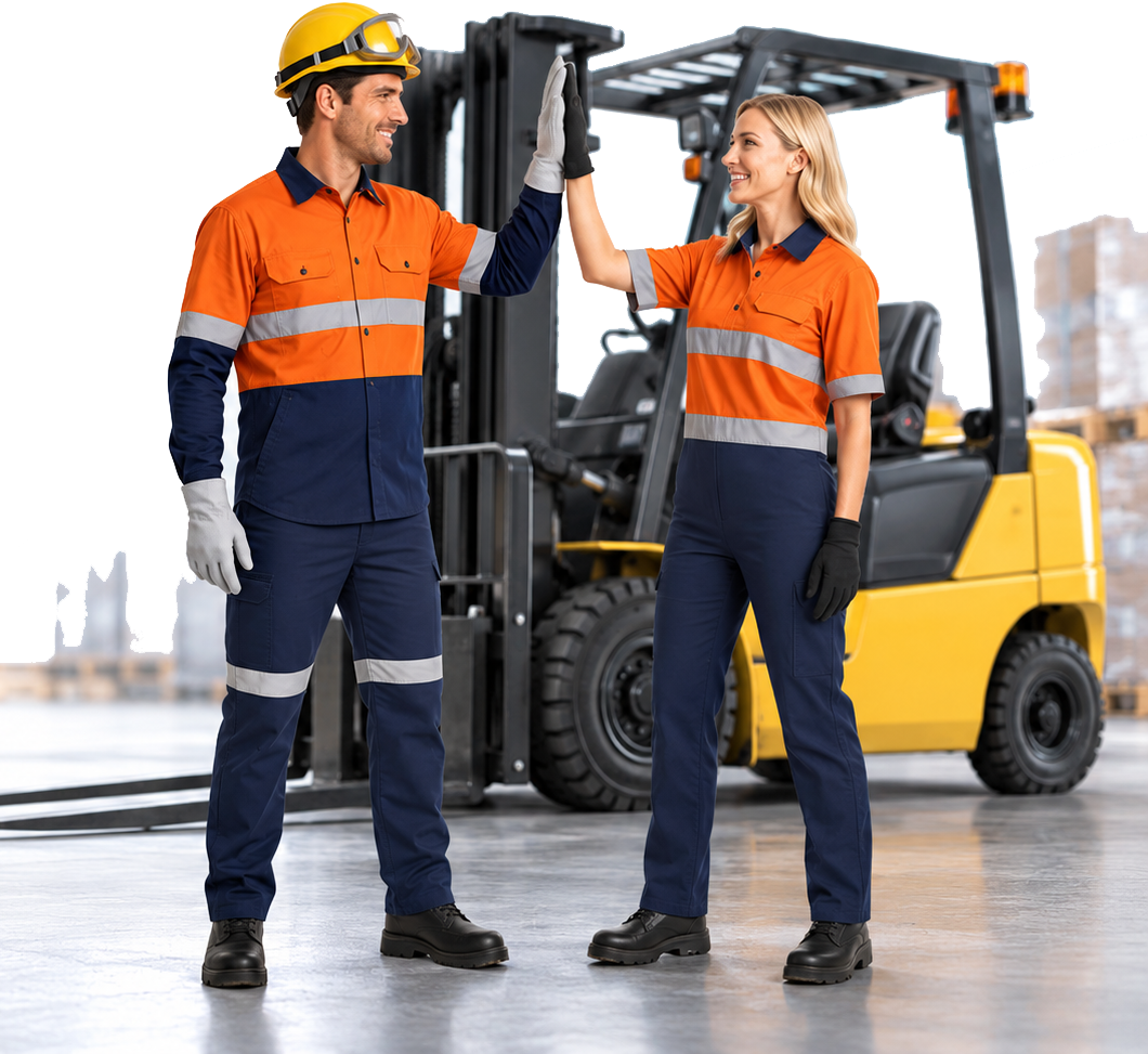 Two workers in high-visibility uniforms high-fiving in front of a forklift